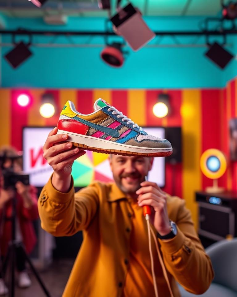 Host showing off a sneaker on a live show