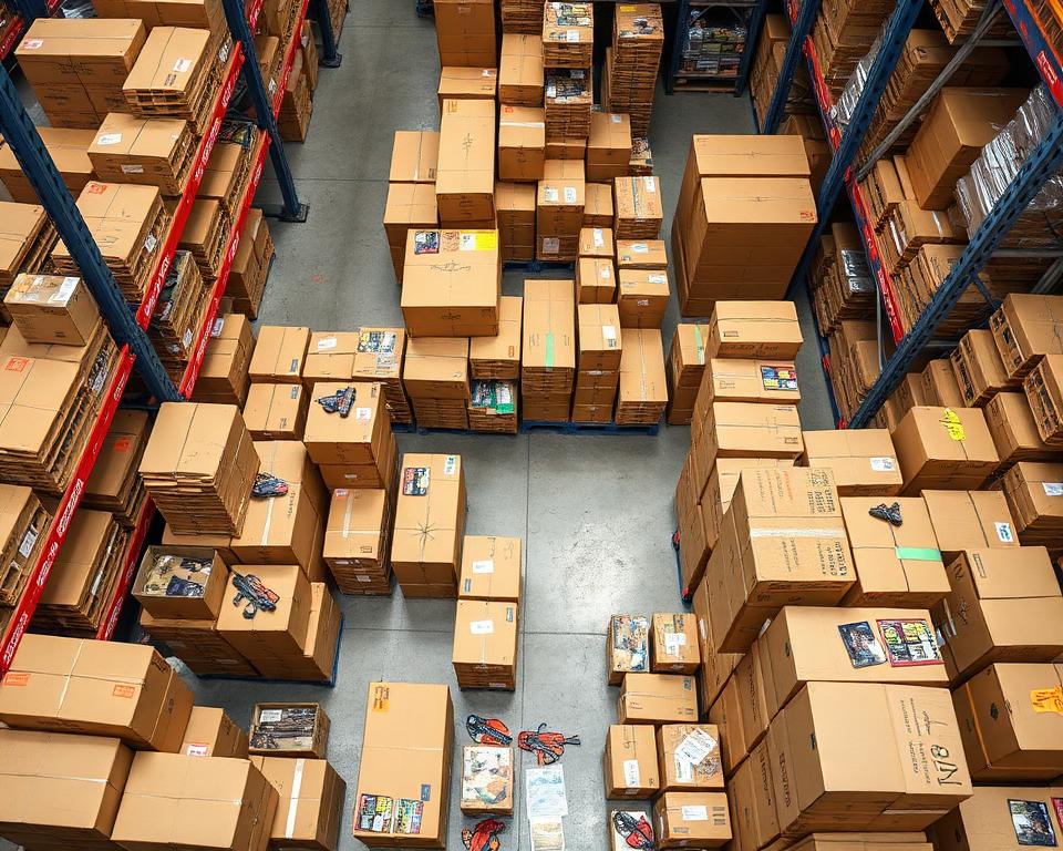 Warehouse pack station packed with boxes
